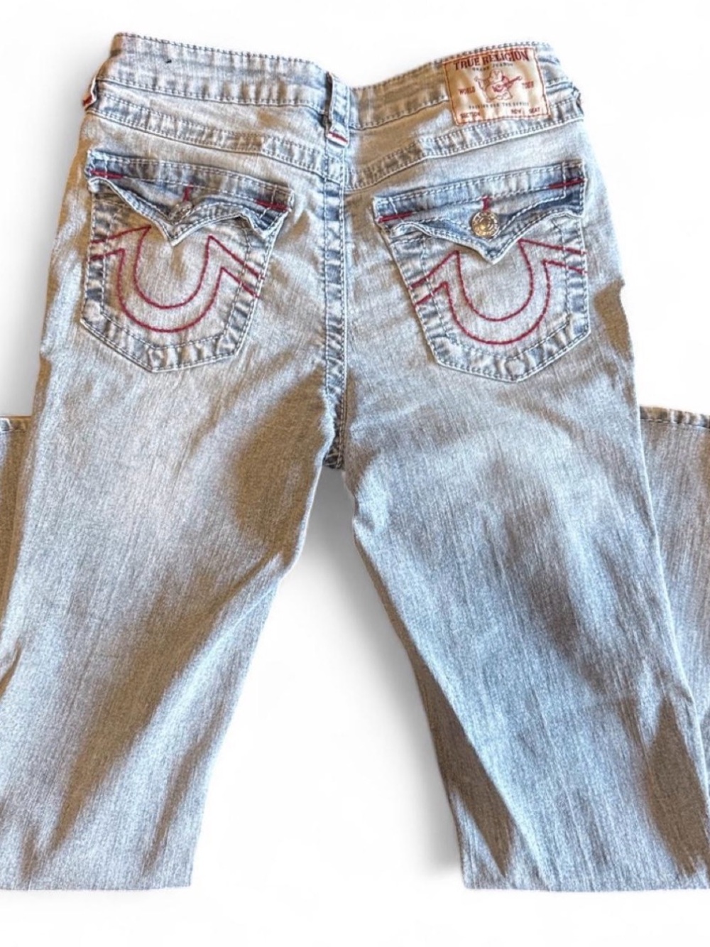 True Religion Light Wash Straight Leg Jeans with Red Stitching